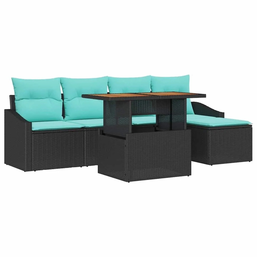 vidaXL Garten Essgruppe 6-teilig aus Akazienholz und Poly-Rattan in Schwarz und Teal mit Kissen - Bild 2