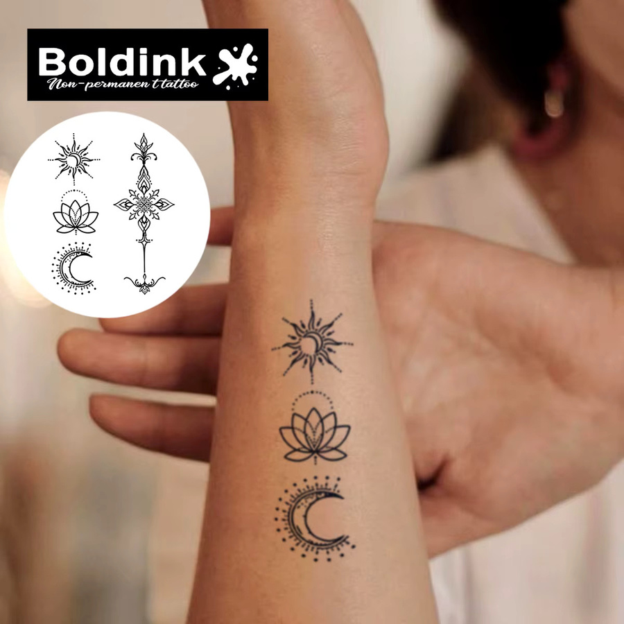 Stern Mond- und Lotus-Totem temporäres Tattoo, Unisex, wasserfest - Bild 2