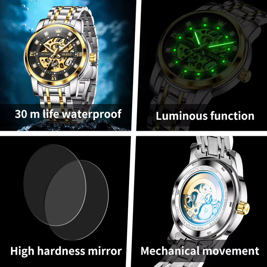 OLEVS Armbanduhr, Automatik, Edelstahl, Bicolor, Schwarz, Herren - Bild 3
