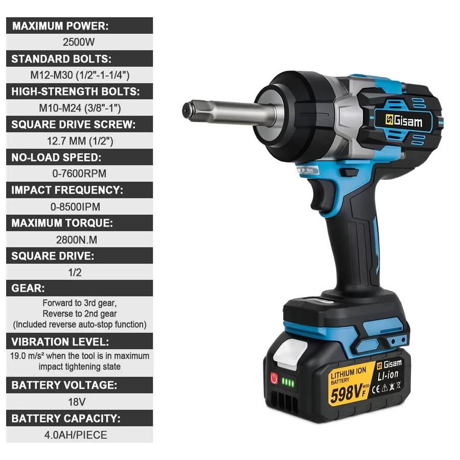 Gisam GΣ 2800 N.M Bürstenloser 1/2 Zoll Schlagschrauber mit verlängertem Amboss für Makita 18 V Akku - Bild 3