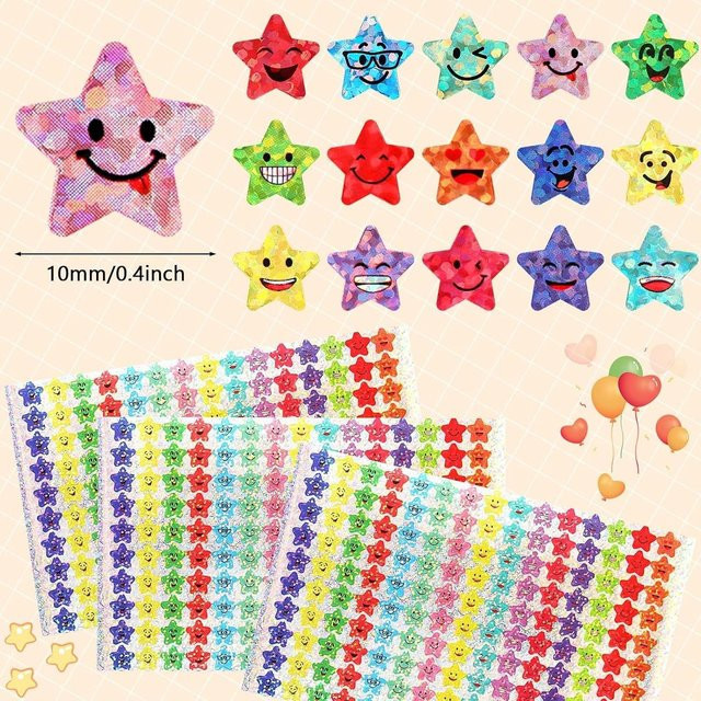 Haile Glitzerfolien-Aufkleber Set mit Sternen und Happy-Faces, 15 Designs, Multicolor, 1500 Stück für DIY-Kunsthandwerk und Schule - Bild 1