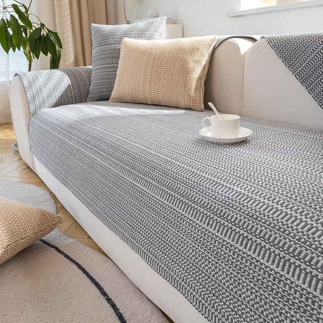 Rutschfester Sofabezug von Household supplies MH aus Baumwolle und Polyester, modern gestreift in Grau, Eckbezug B/H: 70 x 70 cm - Bild 1