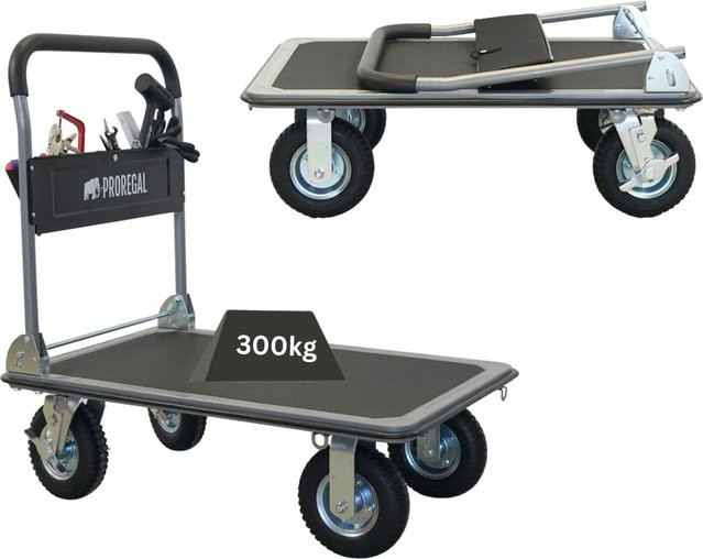 PROREGAL Profi-Transportwagen BIG RHINO 300 Klappbarer Werkzeugwagen mit Luftbereifung, Werkzeugtasche und 6 Sicherungsösen, Traglast 300kg, Schwarz/Grau - Bild 1