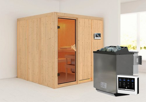 Karibu Sauna Valga aus Fichtenholz in Beige inklusive 9 kW Bio-Kombi-Saunaofen mit externer Steuerung für 4 Personen, B/T/H: 196 x 198 x 196 cm - Bild 1