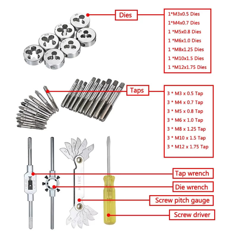 32-teiliges Gewindebohrer- und Matrizenset aus Wolframkarbid in Silber für metrische Gewinde M3-M12 - Bild 2