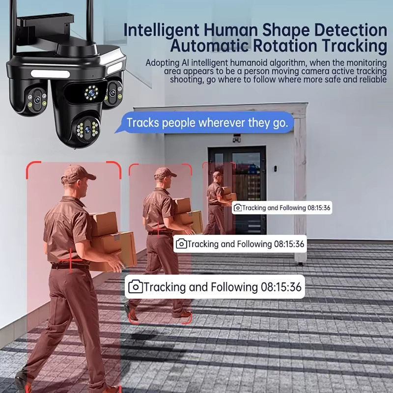 iCsee Intelligente Überwachungskamera mit Dreifachobjektiv und automatischer Verfolgung, IP66 wasserdicht, WIFI Video-Sicherheitskamera in Schwarz - Bild 2