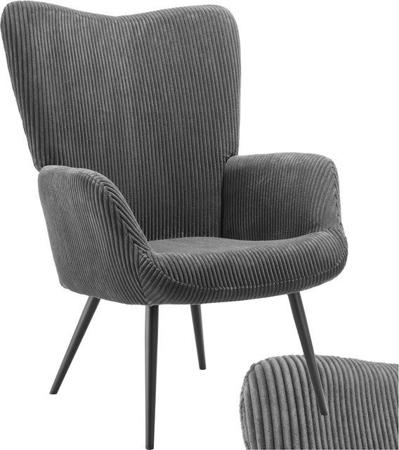 tectake Hygge Sessel gepolstert mit Armlehnen aus Breitcord in Anthrazit-Schwarz B/T/H: 76 x 72 x 100,5 cm - Bild 1