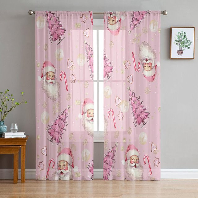 Yiran Furniture Weihnachtsvorhänge mit Weihnachtsmann und Schneeflocken, Rosa Streifen, Transparent, Tüll Voile, B: 135 cm, H: 115 cm - Bild 1