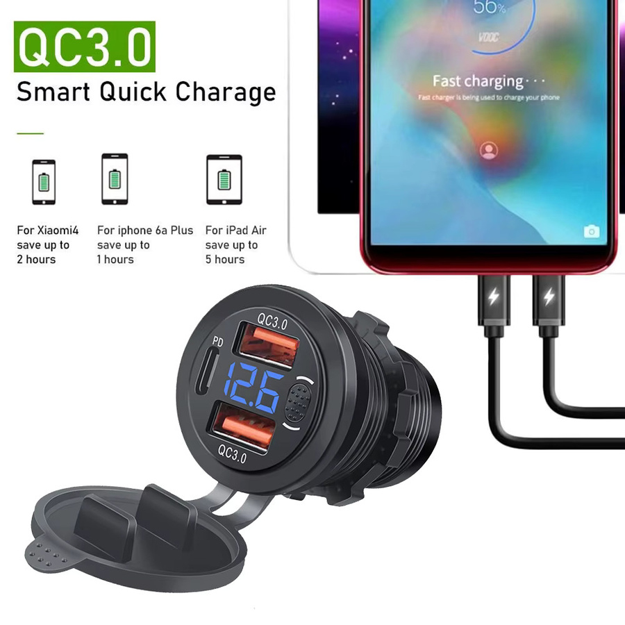 KEBETEME Autoladegerät-Buchse mit PD3.0 und QC3.0 Schnellladung, doppelte USB-C-Anschlüsse, wasserdicht, 78 W, Aluminium, Schwarz, für 12 V/24 V Boote und Motorräder - Bild 3