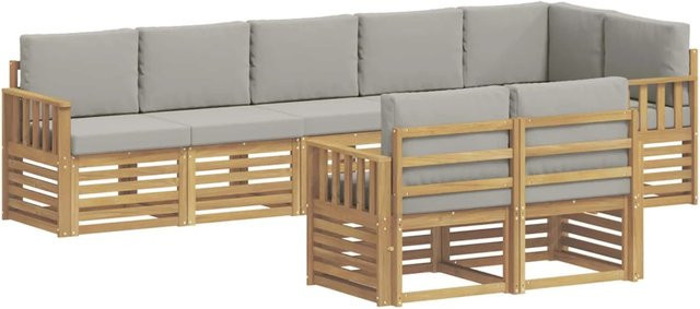 vidaXL Outdoor-Sofagarnitur in L-Form aus Akazienholz mit Polstern, Weiß-Hellgrau - Bild 1
