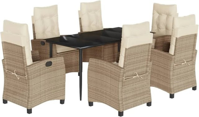 vidaXL 7-teilige Garten-Essgruppe aus Poly Rattan mit Kissen in Beige und pulverbeschichtetem Stahl - Bild 1