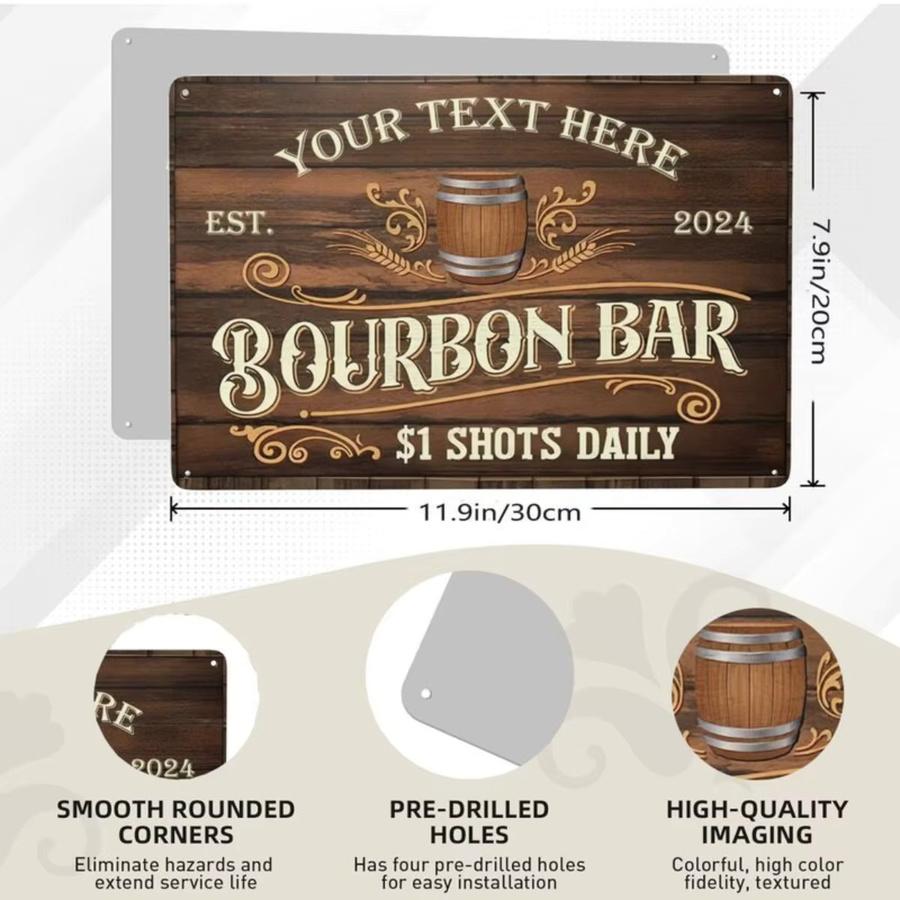 Maßgefertigtes Rustikales Holz-Bourbon-Bar Aluminiumschild von Hello Young in Braun und Weiß als Vintage Wanddekoration für dein Heim oder deinen Pub - Bild 2