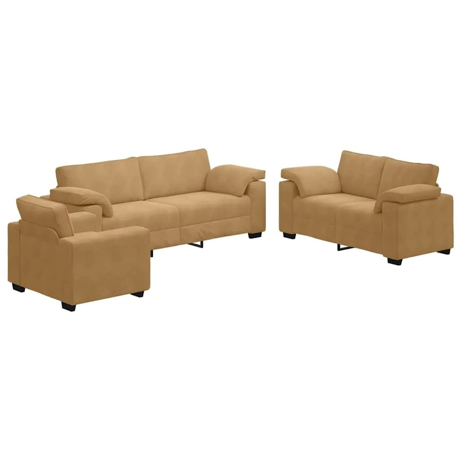vidaXL 3-teilige Sofagarnitur mit Kissen in Braun aus Samt bestehend aus 3-Sitzer-Sofa, 2-Sitzer-Sofa und Sessel - Bild 2