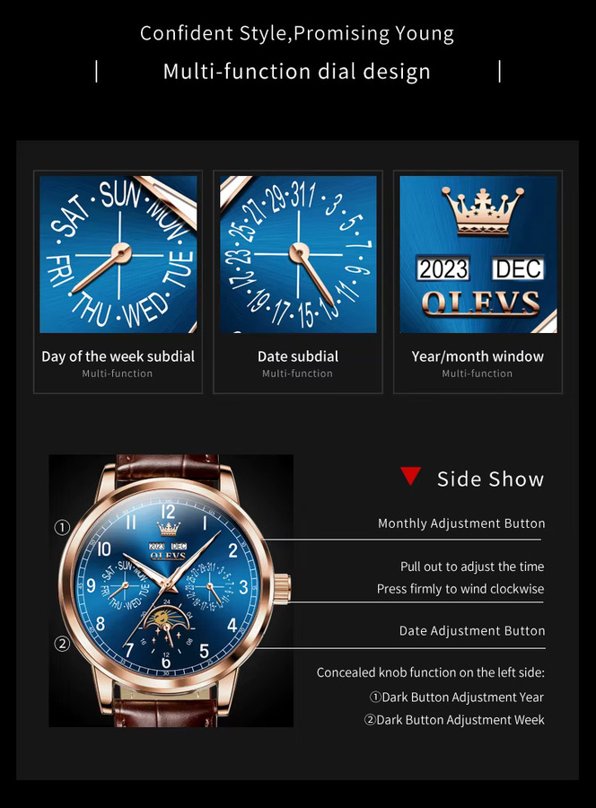 OLEVS Armbanduhr, Automatik, Mondphase, Leder, Blau, Herren - Bild 4