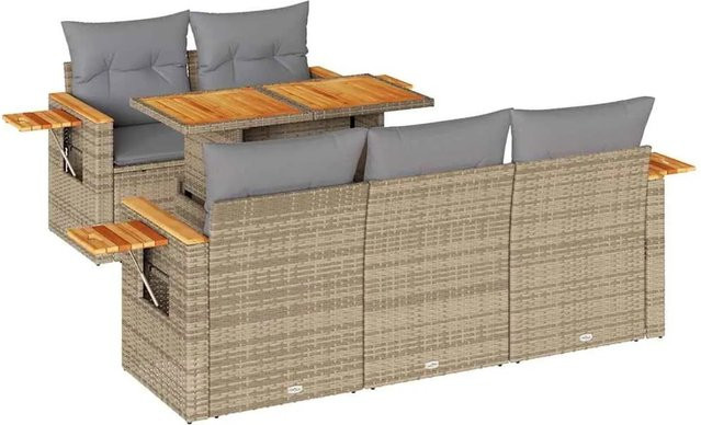 vidaXL 6-teilige Garten-Sofagarnitur in L-Form aus Poly-Rattan und Akazienholz mit Kissen in Beige-Grau - Bild 1