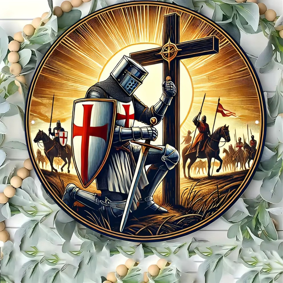 HELLOYOUNG Metallschild Vintage Templar Knight Prayer Wandekoration Rund, Mehrfarbig, Durchmesser: 20 cm - Bild 2