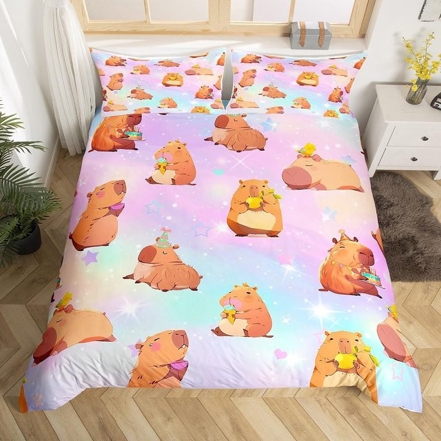 Homewish Bettwäsche-Set mit Cartoon Capybara und Lotusblumen-Design, Orange/Mehrfarbig, B/H: 120 x 150 cm - Bild 1