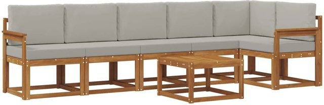 vidaXL Outdoor-Sofagarnitur 7-teilig aus Akazienholz in Natur mit hellgrauen Kissen - Bild 1