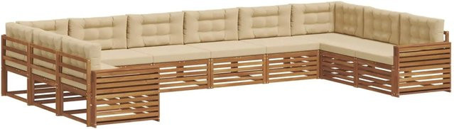 vidaXL Sofagarnitur aus Massivholz Akazie in Natur und Beige, 10-teiliges U-Form Set mit Sitz- und Rückenkissen - Bild 1