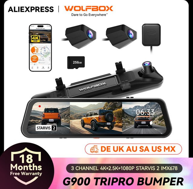 WOLFBOX G900 Tripro Bumper Version 3-Kanal 4K Rückspiegel-Armaturenbrettkamera mit STARVIS 2 IMX678 und Sprachsteuerung, Schwarz, inklusive 256G Karte - Bild 1