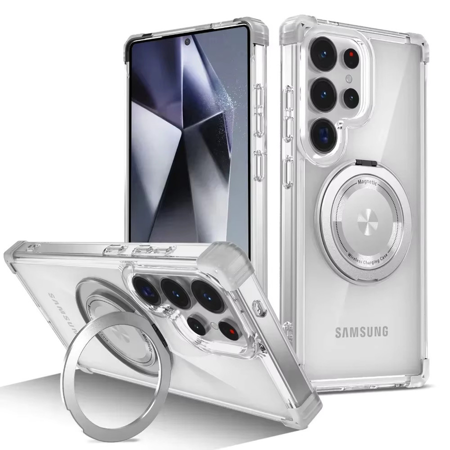 szHAIyu Magnetische Handyhülle für Samsung Galaxy S25 S24 S23 S22 Plus S21 Ultra mit 360 Grad drehbarer Halterung in Transparent Pink - Bild 1