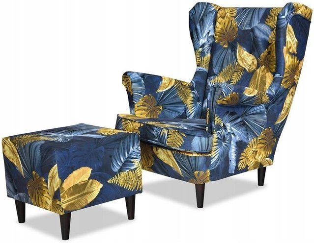 FamilyMeble ARI PRINT Ohrensessel mit Fußstütze im skandinavischen Stil mit Monstera-Design, B/T/H: 84 x 92 x 104 cm - Bild 1