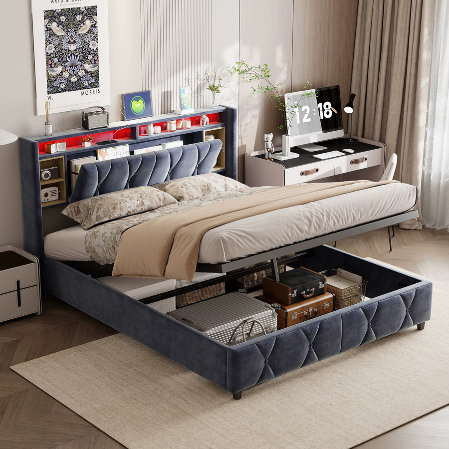Anajqaqia Polsterbett aus Samt mit Stauraum, LED-Beleuchtung und USB-Anschluss, Plattformbett in Grau, B/T: 140 x 200 cm - Bild 2