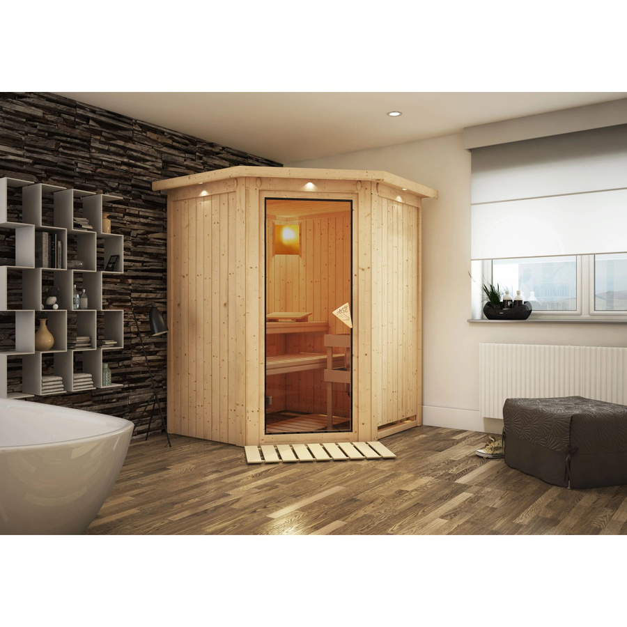 Karibu Sauna Lyra mit LED-Dachkranz aus Fichte und Espenholz in Natur/Braun, B/T/H: 202 x 165 x 165 cm - Bild 2