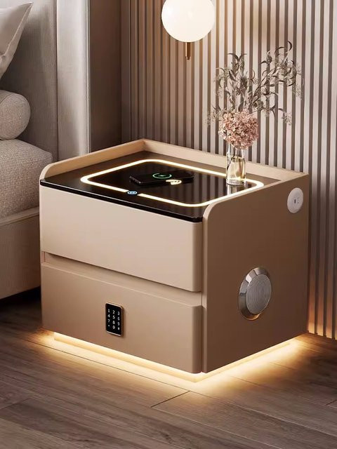 Moderner intelligenter Nachttisch aus massivem Holz mit kabelloser Aufladung, 2 Schubladen und Schloss für dein Schlafzimmer - Bild 1