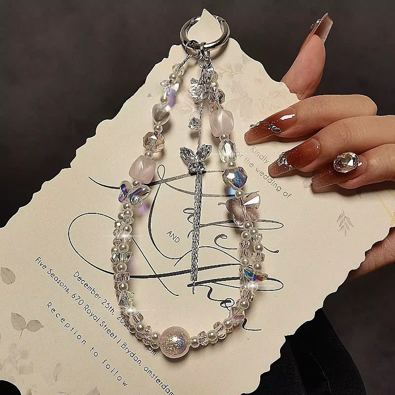 Handy Kette mit Stern Kristall Diamant und Schmetterling Anhänger in Pink und Multicolour mit Quaste als kurzes Lanyard Zubehör - Bild 2