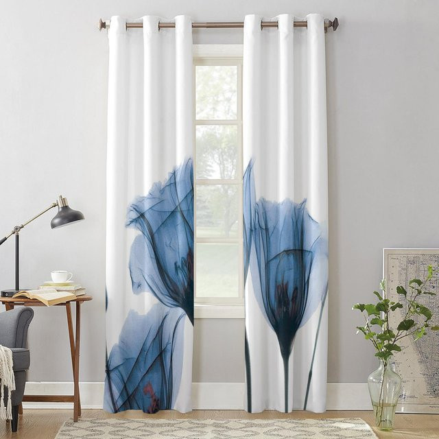 Moderne halbtransparente Fenstergardine Super Six mit blauem Blumenmuster in Grau, Breite: 135 cm, Höhe: 60 cm - Bild 1
