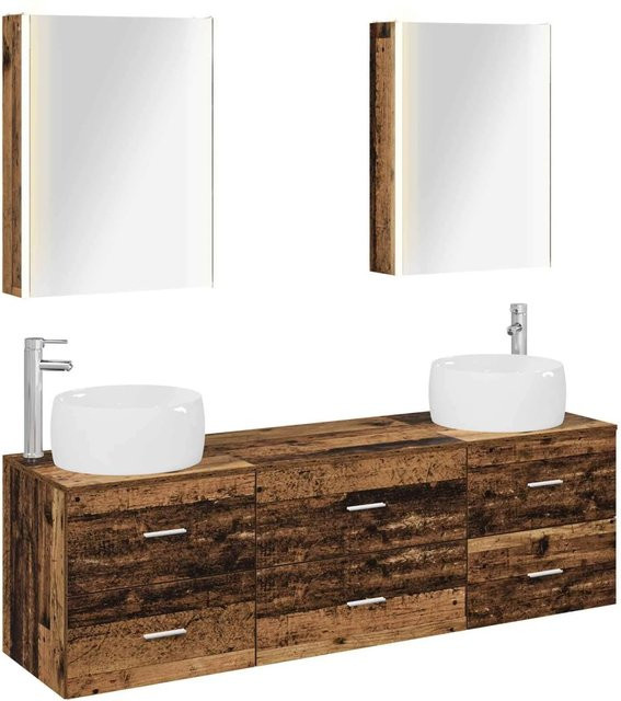 vidaXL Badezimmermöbel-Set aus Altholz und Glas in Braun mit LED-Beleuchtung und Spiegelschrank - Bild 1