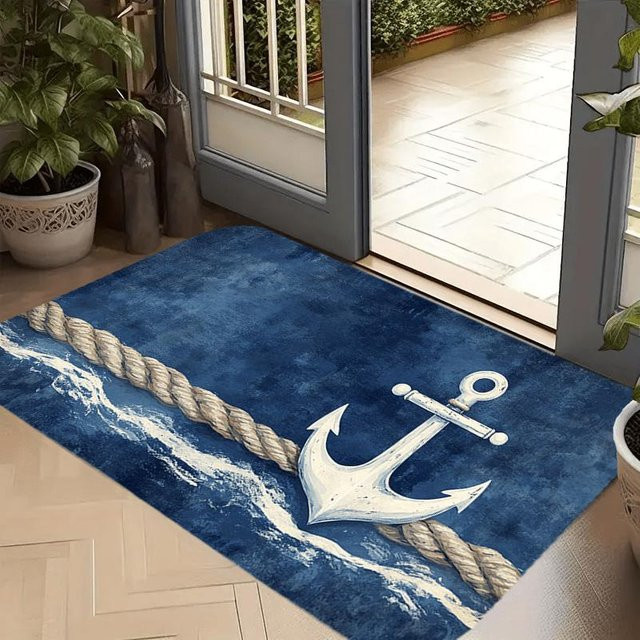 Wucifang Jewelry Fußmatte mit Anker-Motiv in Marineblau, Weiß und Grau, rutschfest und waschbar, B/H: 50 x 30 cm - Bild 1
