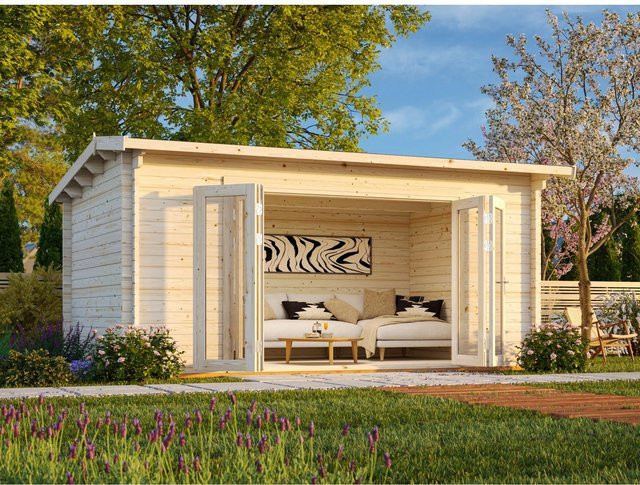 Palmako Ines Blockbohlenhaus aus Fichtenholz in Grau mit Satteldach B/H/T: 480 x 249 x 300 cm - Bild 1