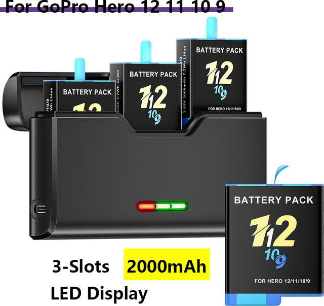 GoPro Ersatzakku-Set für Hero 12 11 10 9 mit 2000mAh Akku und 3-Slot-LED-USB-Schnellladegerät in Schwarz - Bild 1