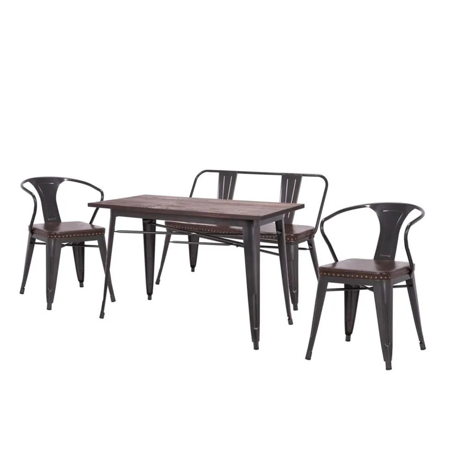 MCW Esszimmer-Set H10 in Industrial-Design mit Ulmenholz und Kunstleder, Braun, 4-teilig bestehend aus Esszimmertisch, 2 Esszimmerstühlen und einer Sitzbank - Bild 3