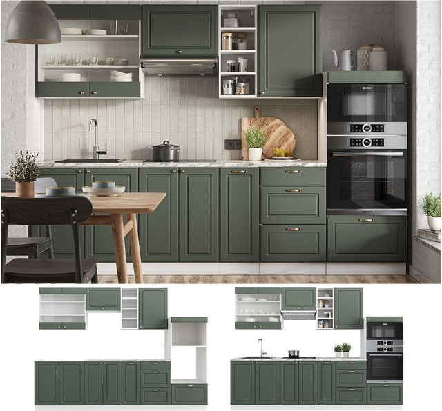 Vicco Küchenzeile Fame-Line Einbauküche im Landhausstil, Weiß-Grün-Gold, Breite: 280 cm - Bild 1