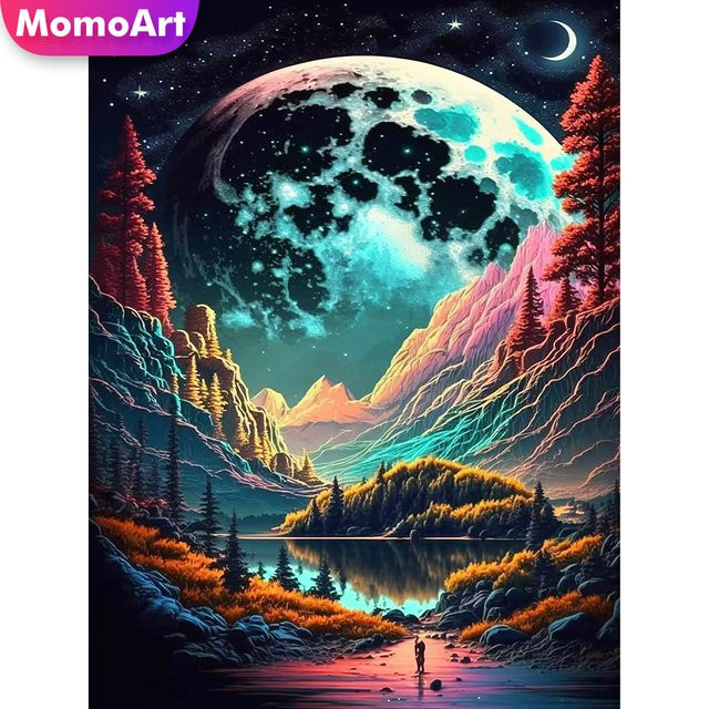 Momoart DIY Diamantmalerei Berglandschaft mit Fluss und Mond als Wanddekoration, Mehrfarbig - Bild 1