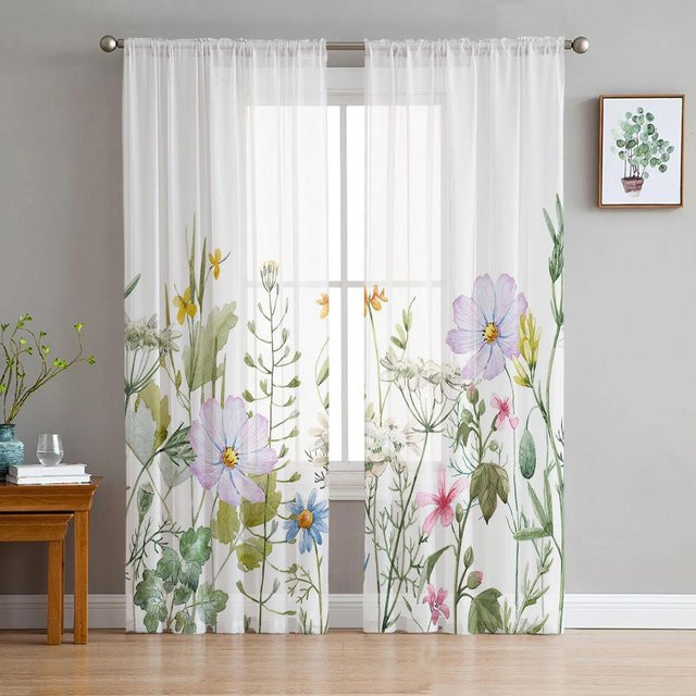 Yiran Furniture Retro Floral Wildblumen Vorhang aus transparentem Tüll und Organza, Farbe: Weiß, Breite: 135 cm, Höhe: 115 cm - Bild 1