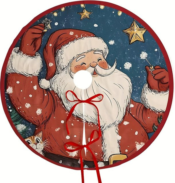 VIKAMA Weihnachtsbaumrock mit Weihnachtsmann-Print, Stern- und Schneeflockenmustern, rund, Mehrfarbig, Durchmesser: 120 cm - Bild 1