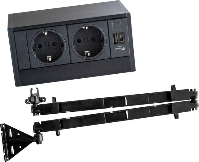 EVOline R-Dock 2-Fach Steckdose für Schubladen mit Wing Kabelführung und USB-A/USB-C Anschlüssen, Schwarz - Bild 1