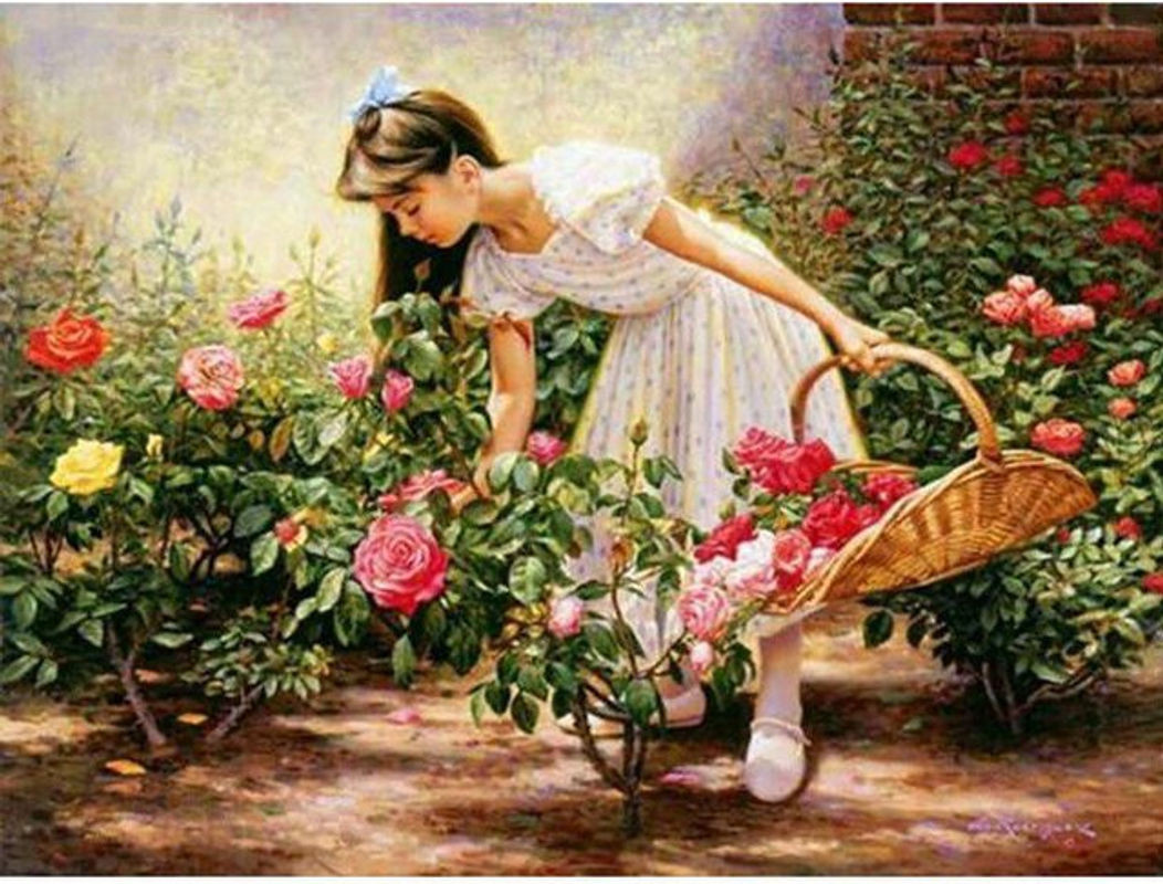 FIYO Diamond Painting Wanddeko Landschaft mit Blumen und Mädchen, mehrfarbig, B: 30 cm, H: 20 cm - Bild 1