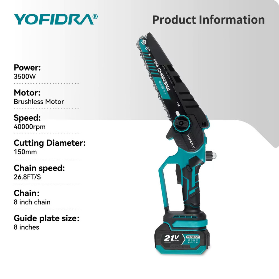 YOFIDRA 8 Zoll Bürstenlose Elektrische Kettensäge Kabellose Astsäge für Makita 21V Akku - Bild 6
