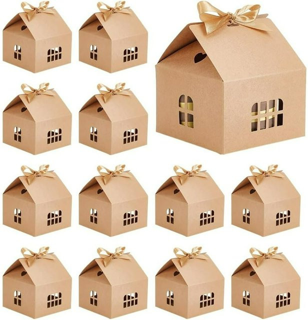 12er Set hausförmige Geschenkboxen aus hellbraunem Kraftpapier mit Bändern für Kekse und Bäckereiwaren - Bild 1