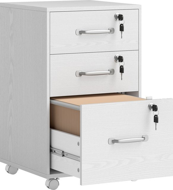 HOMCOM Mobiler Rollcontainer in Weiß mit 3 abschließbaren Schubladen für A4- und Letter-Akten sowie als Druckerunterlage für dein Home-Office - Bild 1