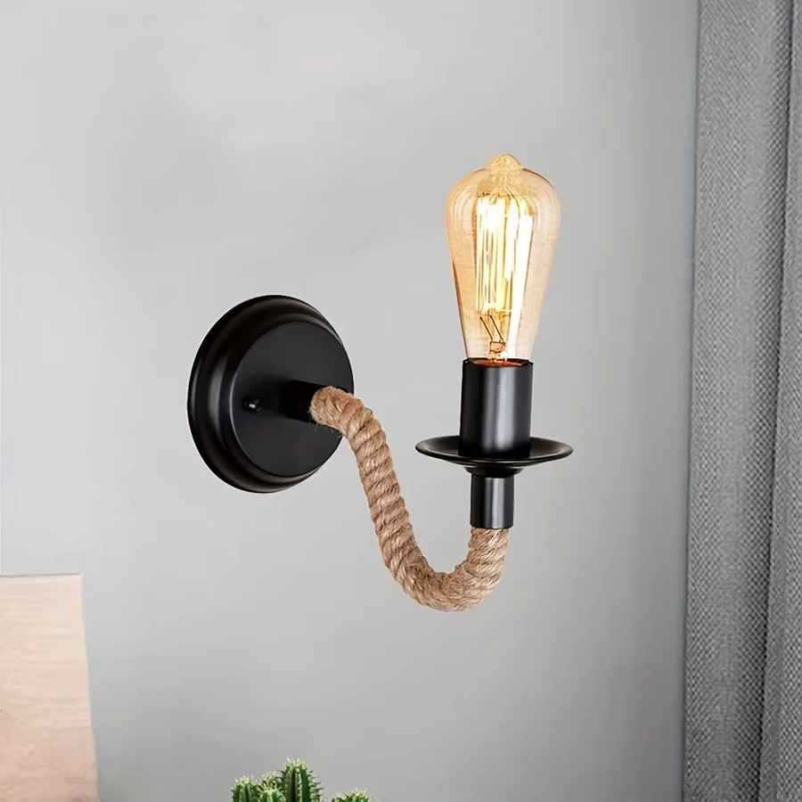 JOYINLED Wandleuchte im Vintage-Industrie-Stil aus Holz und Metall mit Hanfseil, Farbe Schwarz, Fassung E27 - Bild 4
