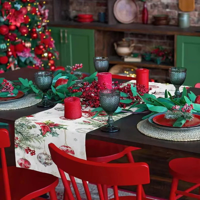 VIKAMA Weihnachts-Tischläufer aus Leinen in Rot mit Schneeflockenmuster für deine festliche Winter-Dekoration, B/H: 90 x 33 cm - Bild 6