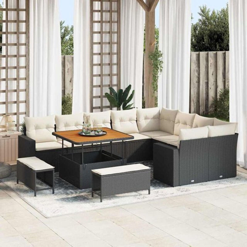 Vidaxl Garten-Sofa-Set aus Polyrattan und Massivholz in Schwarz, 11-teilige Loungemöbel-Garnitur für Erwachsene - Bild 1