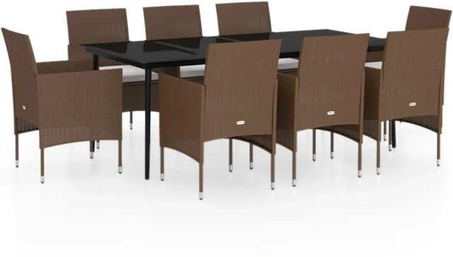 vidaXL 9-teilige Garten-Essgruppe aus PE-Rattan und pulverbeschichtetem Stahl in Schwarz-Braun mit Glasplatte und Kissen - Bild 1