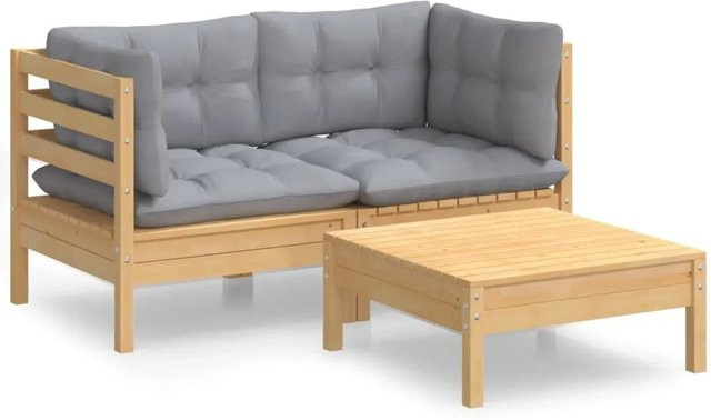 vidaXL 3-tlg Garten-Lounge-Set aus Kiefernholz mit grauen Polstern in L-Form - Bild 1